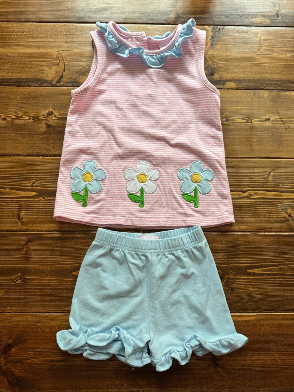 Stitchy Fish 3T Pink Striped Shirt with Daisy Appliqués and Light Blue Shorts